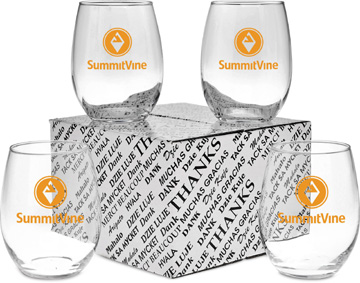 The Fine Dine 15 Oz. Stemless Clear Wine Glass Thank You Set - Screenprinted 1 Color 1 Location